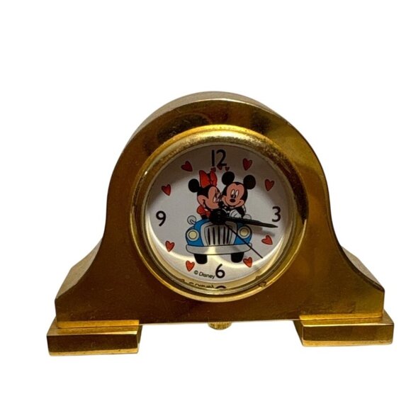 Disney Desk Mantel Clock Minature Mickey & Minnie Driving Gold Metal 2 x 1.25" - Picture 1 of 8